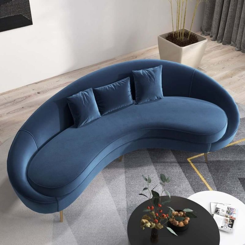 "Modern 95" Blue Velvet Curved 3 Seaters Sofa for Living Room"