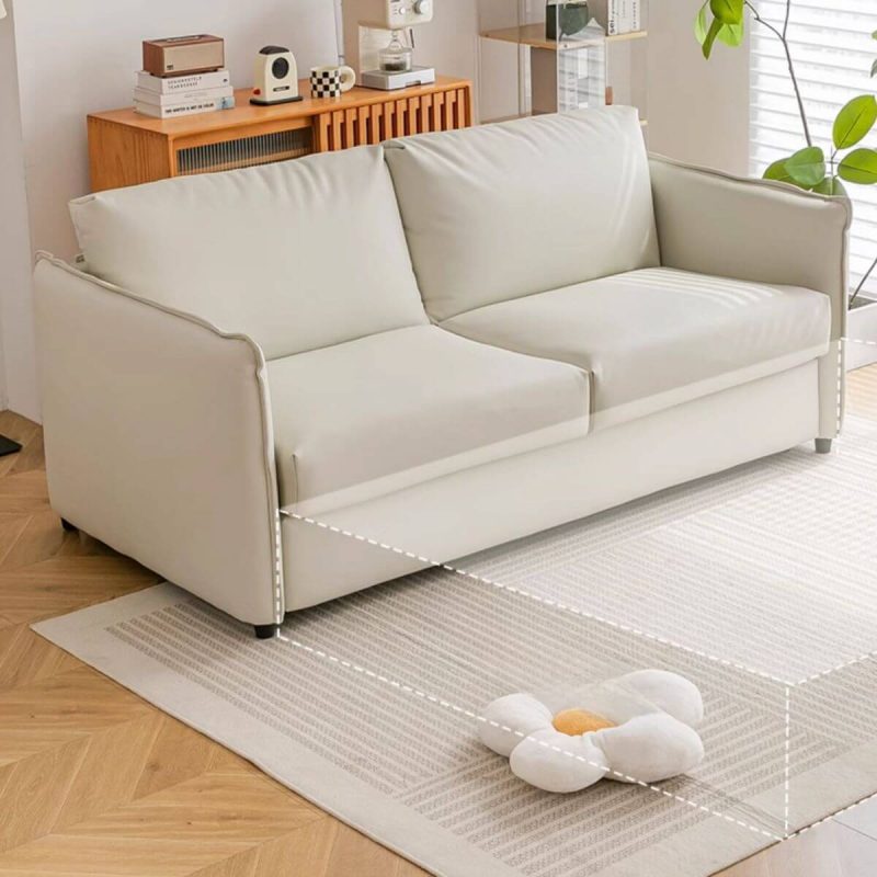 "Tear Resistant Twin XL Size Futon Sofa with Cushion Back, Pillow, Love Seat, Square Arm, Casual Style, Cream Gray, 61"L x 37"W x 33"H"