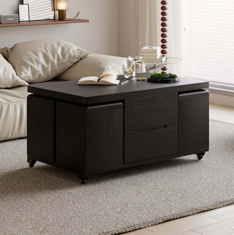 "39" Lift-Top Foldable Coffee Table with 4 Stools & Storage"