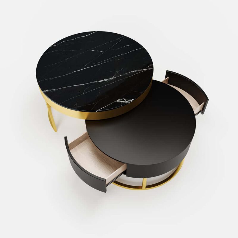 "Nesnesis Modern Black Round Marble Veneer Nesting Wood Coffee Table with Storage"