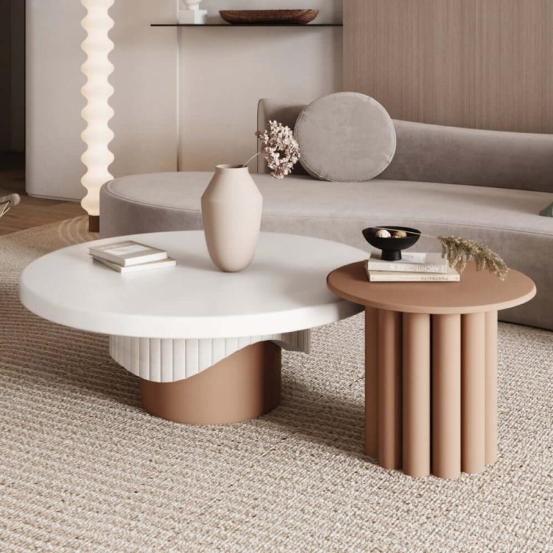 "Yarnic 2-Piece Round Wood Coffee Table Set with Fluted Base in White & Walnut"