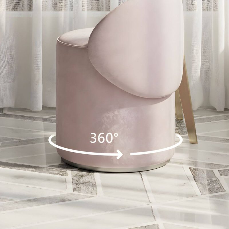 "Contemporary Pink Armless Swivel Vanity Stool with Upholstered Seat and Backrest - Genuine Leather"