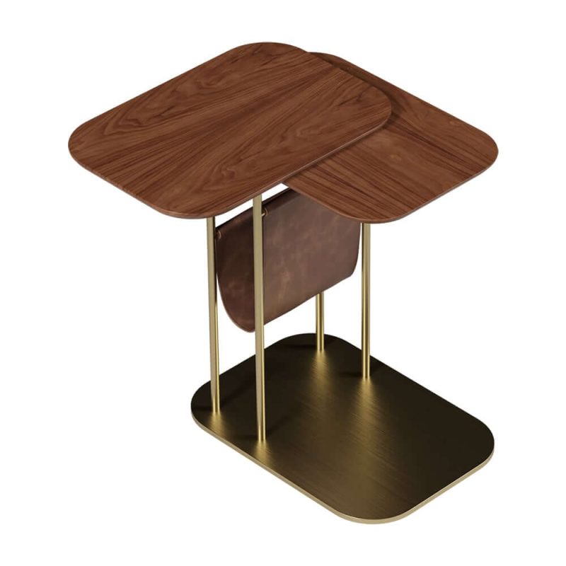 "C-Shaped Walnut & Gold Rotating Side Table with Storage"