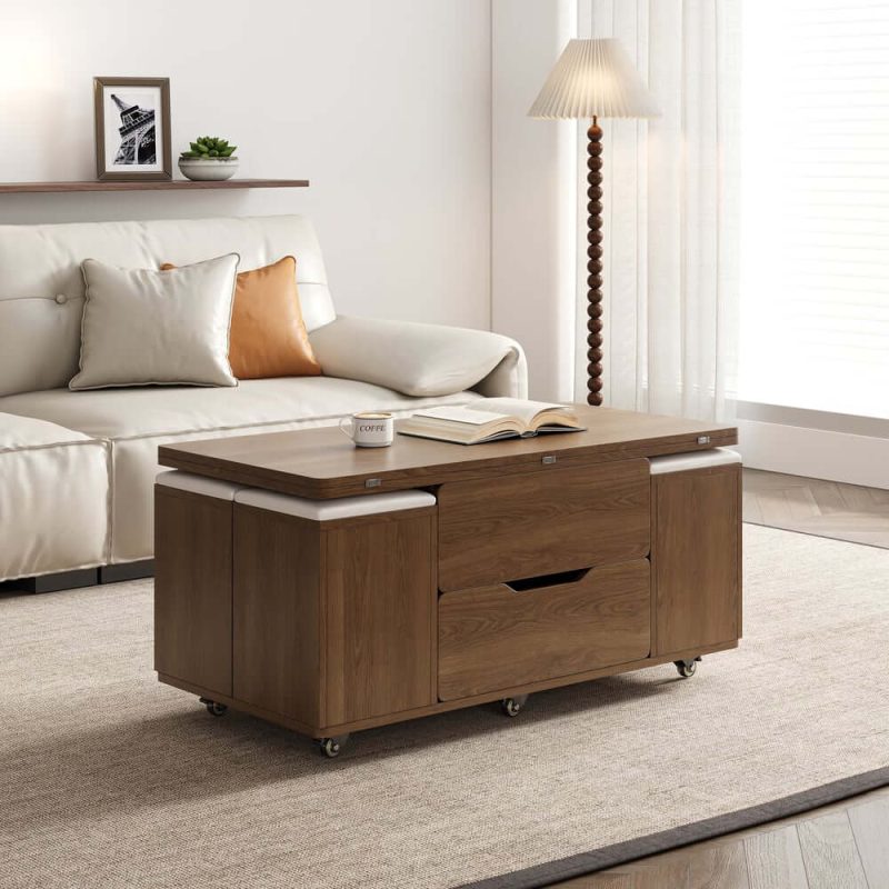 "39" Lift-Top Foldable Walnut Coffee Table with 4 Stools & Storage"