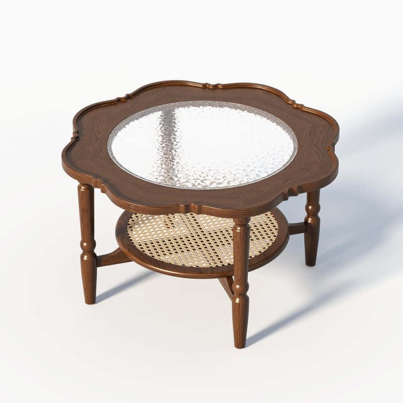 "31.5" Walnut Glass Top Wood Rattan 2-Tiered Coffee Table 	"