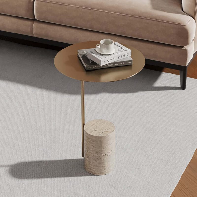 "Beige Modern Stone Travertine Side Table with Stainless Steel in Gold Frame"
