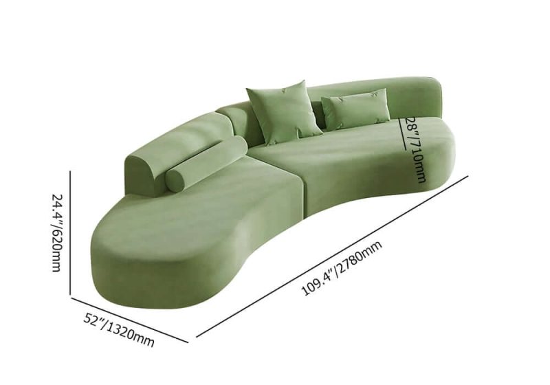"Dimension of 109" 2-Piece Curved Velvet Sectional Sofa with Pillows"