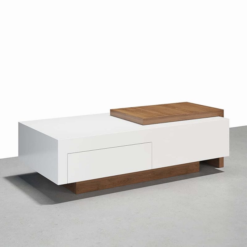 "White & Walnut Extendable Rectangle Coffee Table with Drawer & Sliding Storage"