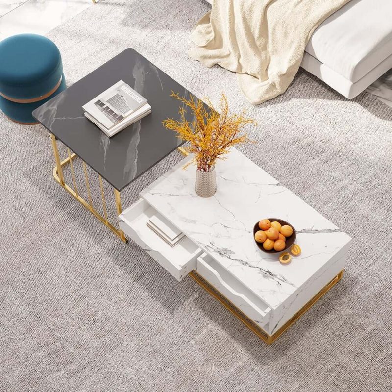"Modern Wood Nesting Coffee Table Set of 2 with Drawers & Shelves in Black & White"