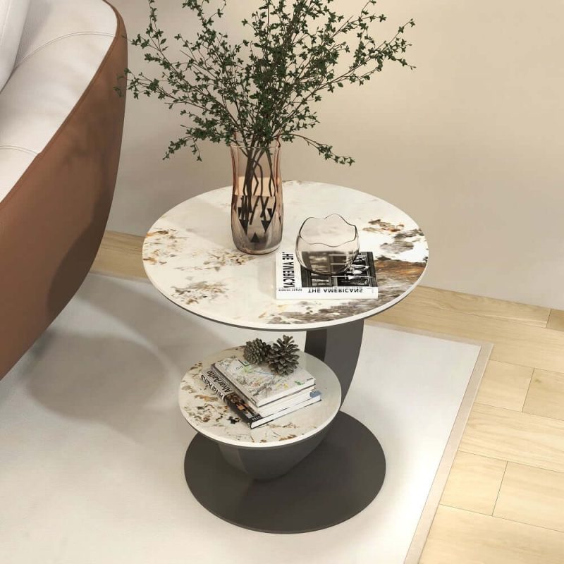 "20" Round Sintered Stone 2-Tier Moon-Shaped Side Table"