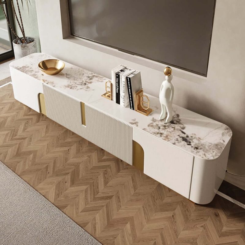 "78.7" Stone Top Beige & Gold TV Stand with 4 Doors and Storage"