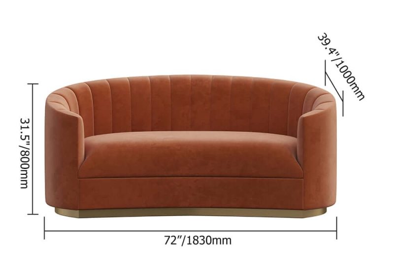 "Dimension of 70.9" Modern Velvet Couch Curved Sofa in Orange with Stainless Steel Base"