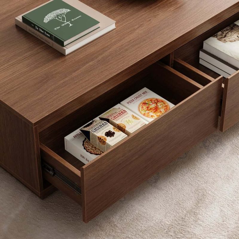 "47" Mid Century Rectangular Walnut Block Coffee Table Extendable TV Stand with 3 Drawers"