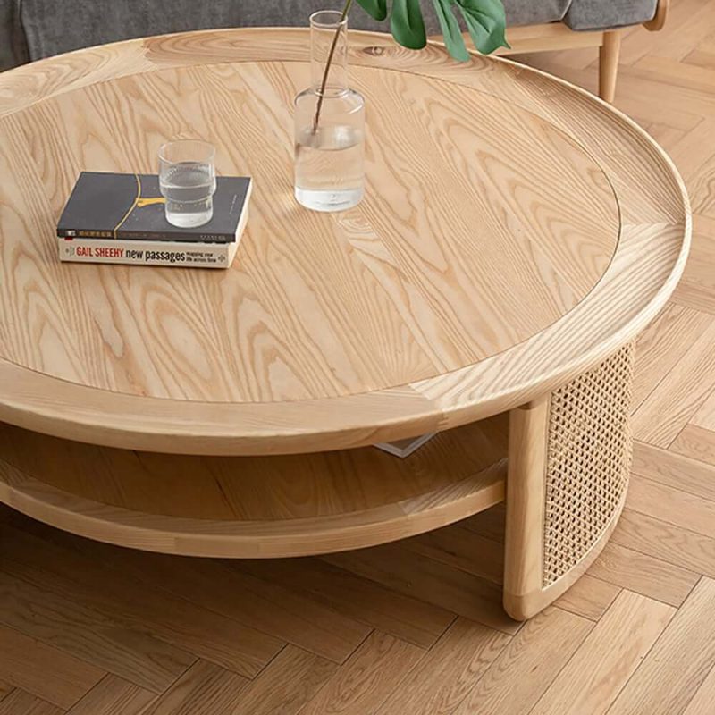 "2-Tiered Japandi Round Wood Coffee Table with Rattan Base"