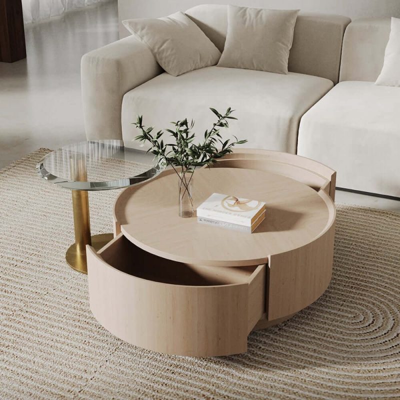 "Set of 2 Round Nesting Coffee Table Set White Oak with 2 Drawers in White & Clear & Gold"
