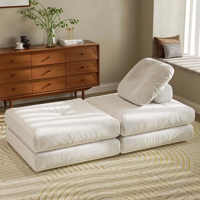 "White Cloud Modular Sectional Convertible 3-Seater Sofa Velvet Upholstered with Pillows"