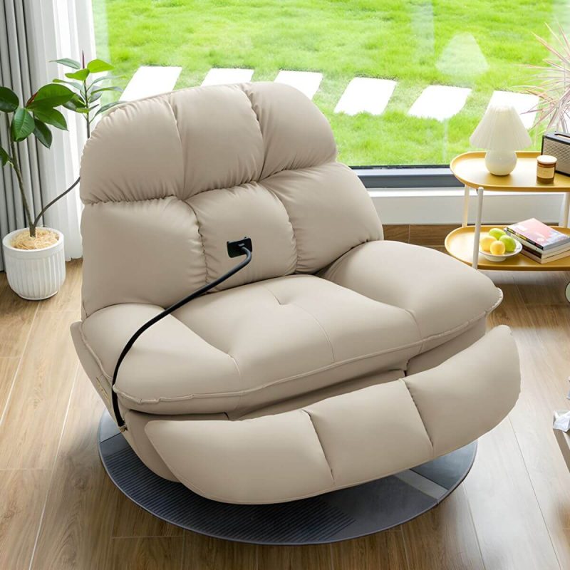 "Modern Tufted Recliner with Locking Back Adjustment and Independent Movement - Storage Power - Push Button Swivel Rocker Beige"