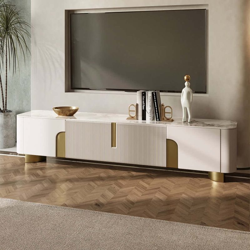 "78.7" Stone Top Beige & Gold TV Stand with 4 Doors and Storage"