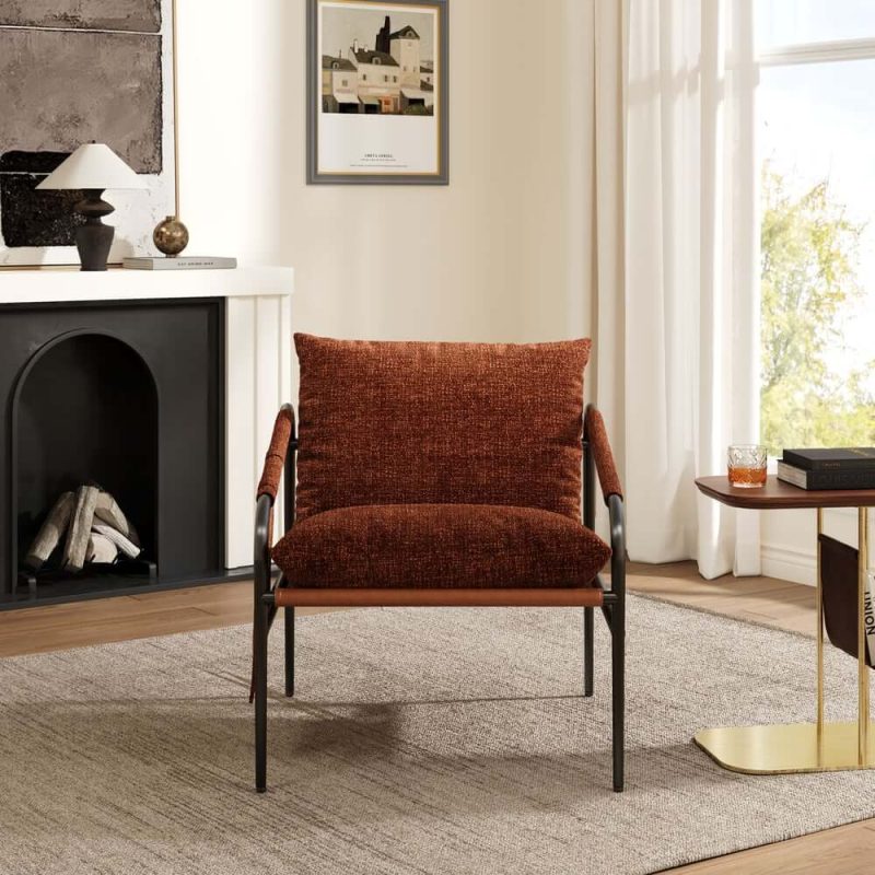 "Brown Chenille Accent Chair with Metal Frame"
