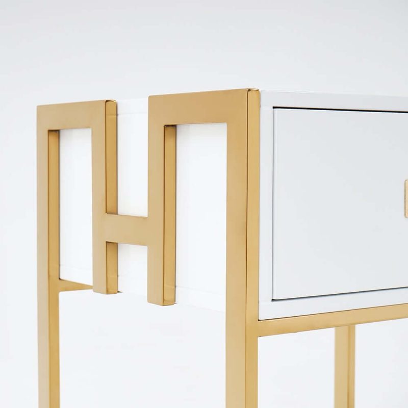 "Jocise Modern White Side Table Wooden End Table with 1 Drawer & Golden Double Pedestal"