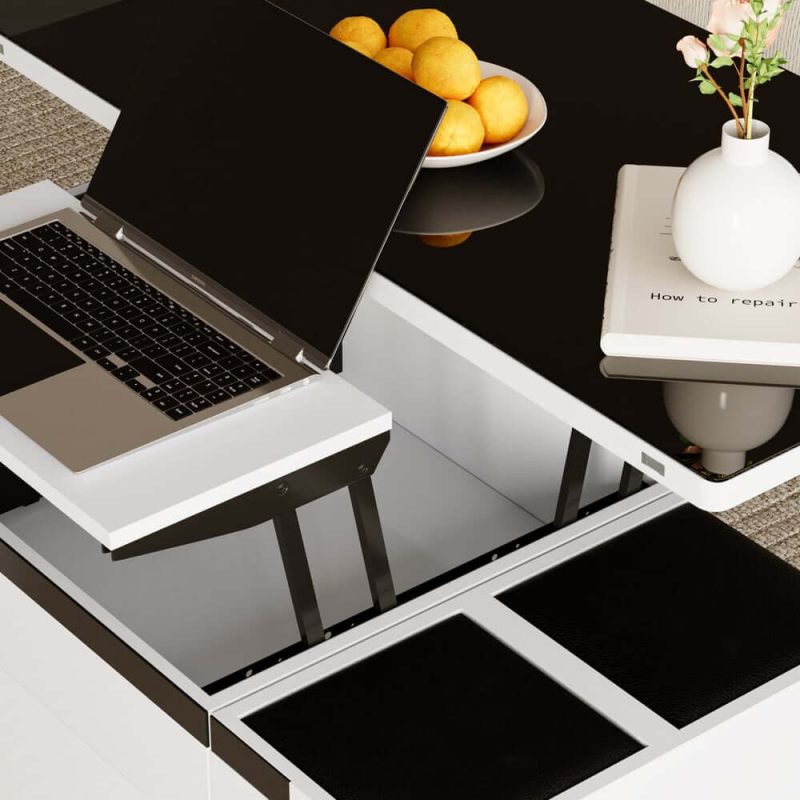 "Modern White Lift Top Glass Coffee Table with Drawers & Storage Multifunction Table"