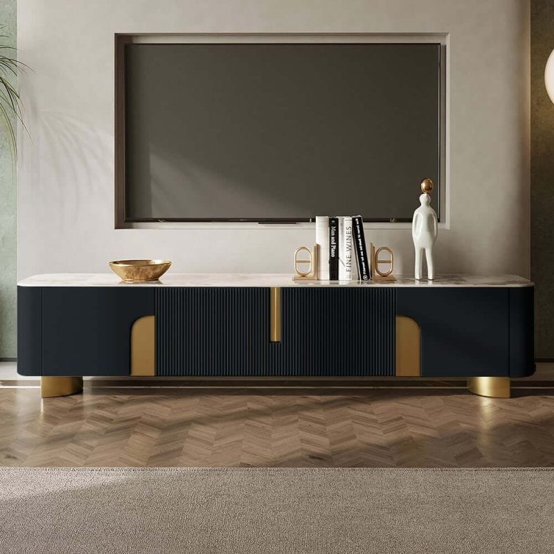 "Artus Modern Black TV Stand Stone Top 4 Doors with Storage Media Console TVs up to 85""