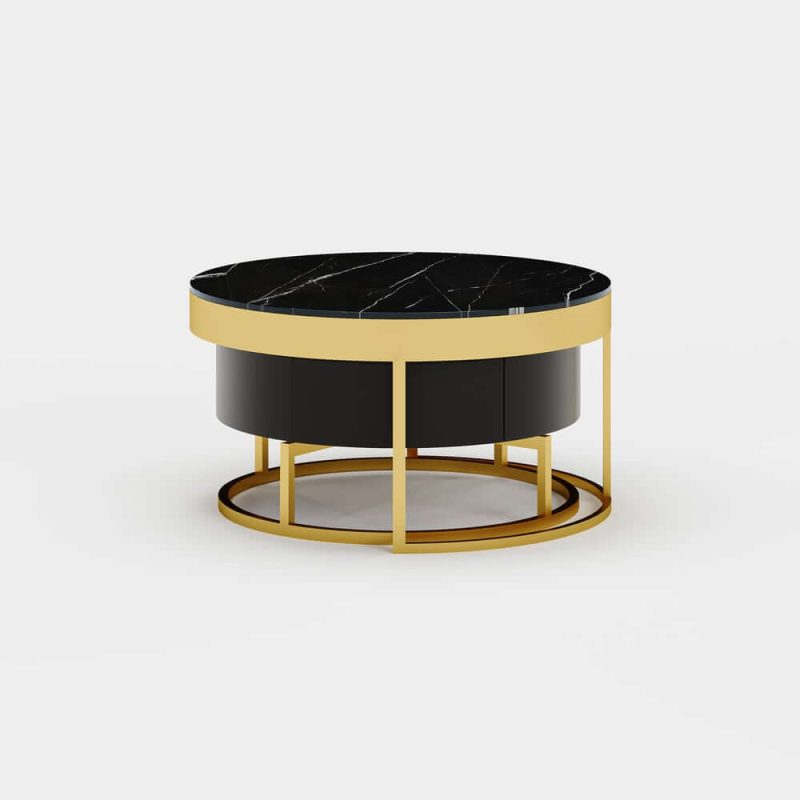 "Nesnesis Modern Black Round Marble Veneer Nesting Wood Coffee Table with Storage"