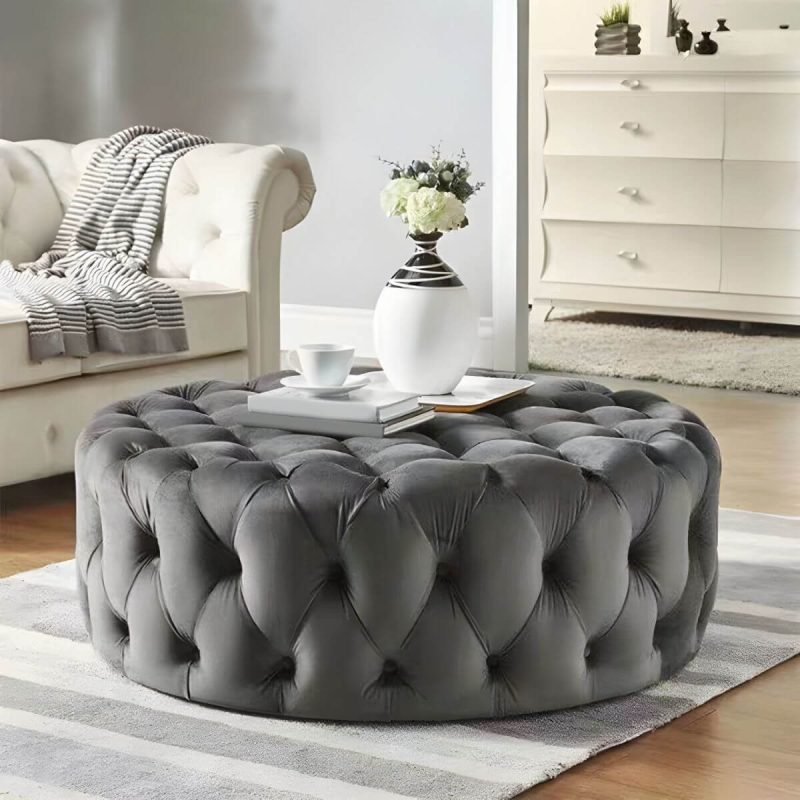 "Indoor Solid Color Contemporary Round Fabric Upholstered Tufted Cocktail - 1 Piece 28"L x 28"W x 16"H Dark Gray"