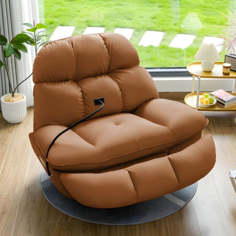 "Modern Tufted Recliner with Locking Back Adjustment and Independent Movement - Storage Manual - Push Button Swivel Rocker Dark Brown"