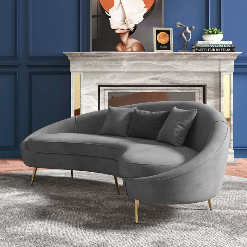 "83" Modern Gray Velvet 3-Seater Curved Sofa for Living Room with Gold Legs"
