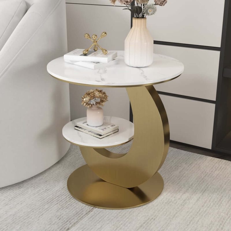 "20" Round Sintered Stone 2-Tier Gold Moon-Shaped Side Table"