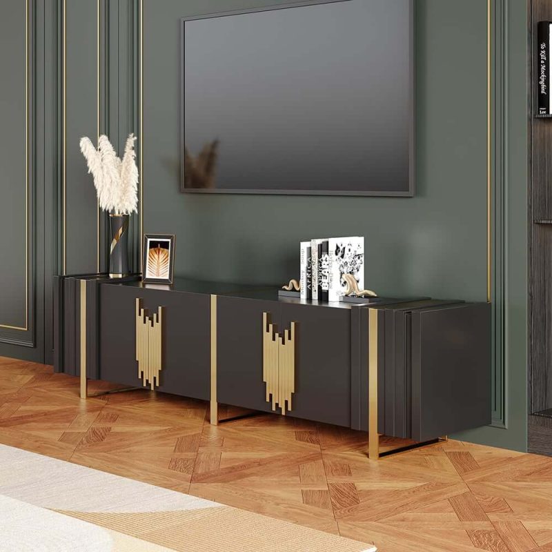 "Aurea 78.7" Light Luxury TV Stand Black Rectangular with 4 Doors & 2 Shelves in Gold"