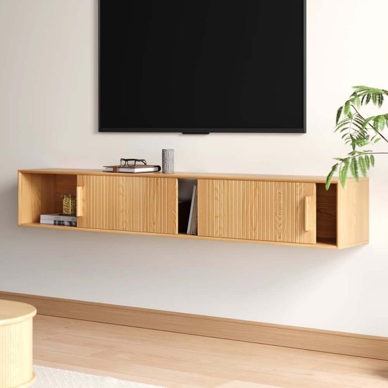 "70.9" Floating Wood Fluted TV Stand with Storage"
