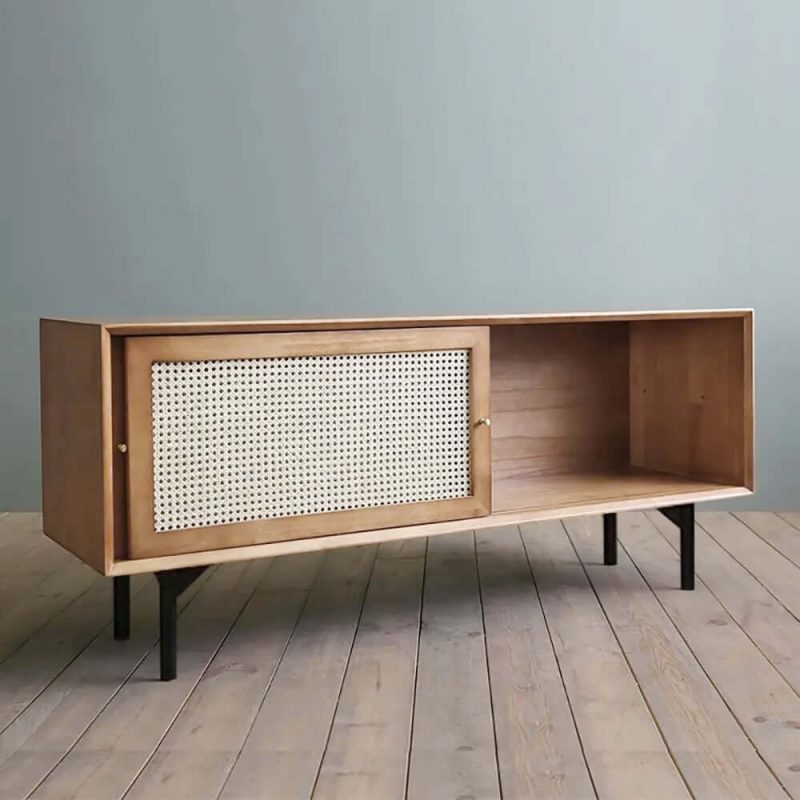 "Cottage Natural 60 inch TV Stand with Rattan Woven Doors & Adjustable Shelves"