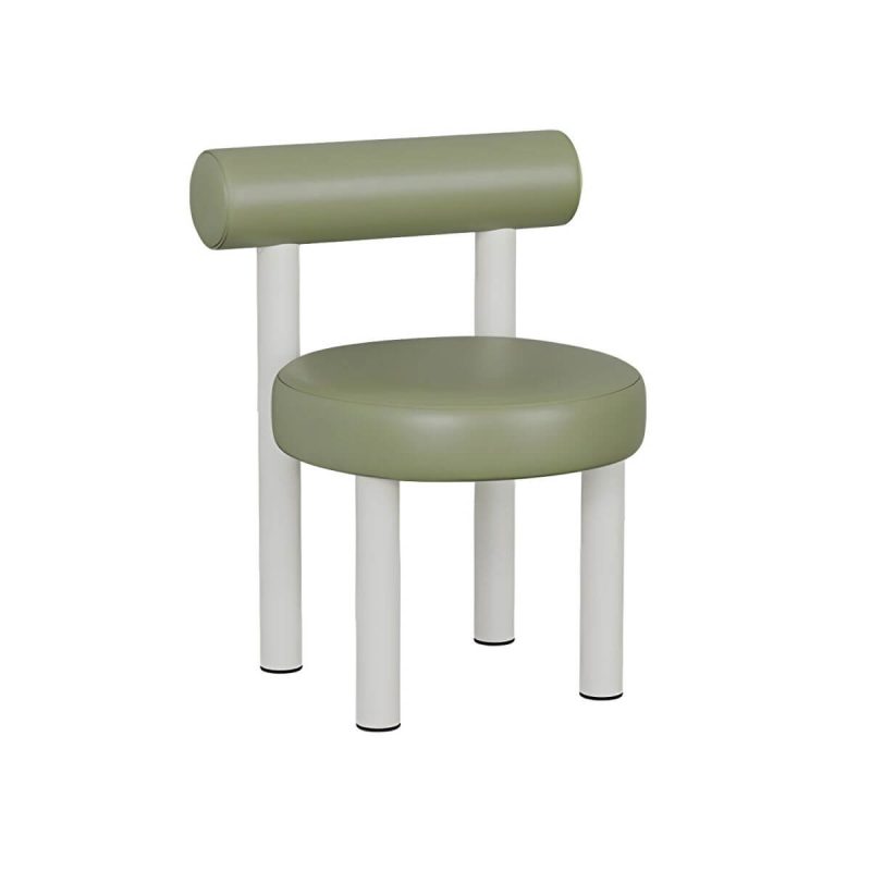 "Solid Color Upholstered Vanity Stool with Tall Back and Metal Legs in Modern Design - Matcha Green Anti Cat Scratch Leather"
