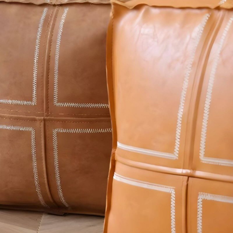 "Geometric Genuine Leather Square Pouf Ottoman for Modern Style - Removable Cushion Cover Included - Croci 4 Piece Set"
