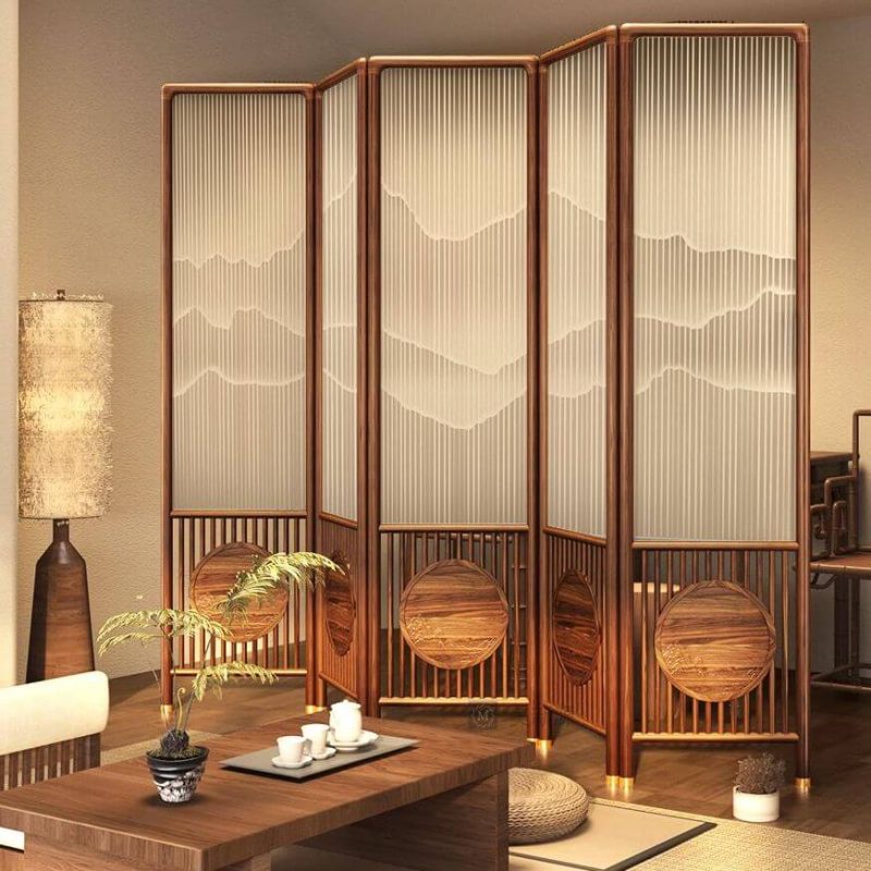 "Victorian Cocoa Opaque Fold-up Room Screen with 5 Panels and Double Sided Gauze Print, Black Walnut"