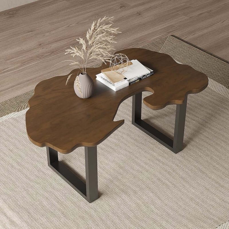 "Rustic 39.8" Live-Edge Coffee Table Walnut & Black with Wooden Tabletop & Metal Base "