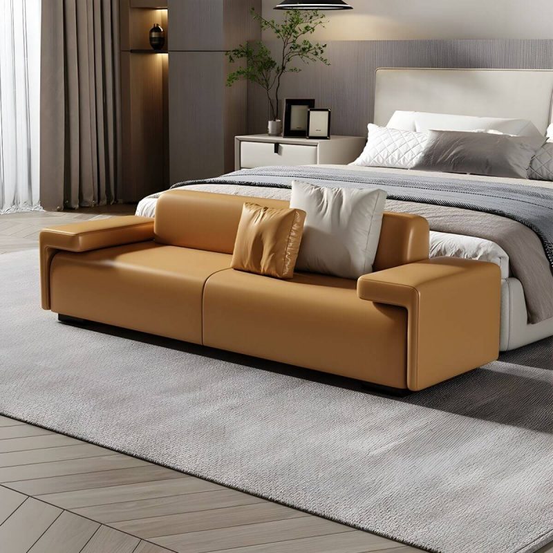 "Modern Solid Color Leather Upholstered Bedroom Bench with Arms - 71"L x 18"W x 22"H Orange With Back"