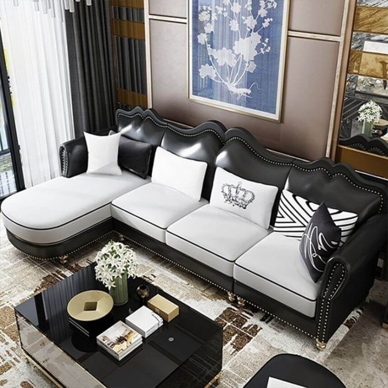 "Glam Eco-Leather Flared Arm Sectional Sofa in Large Size with Nailhead Trim - Black White 118"L x 69"W x 37"H Leather Left"
