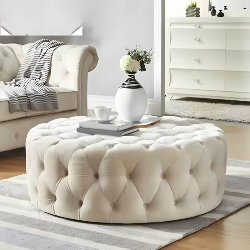 "Indoor Solid Color Contemporary Round Fabric Upholstered Tufted Cocktail - 1 Piece 39.5"L x 39.5"W x 16.5"H White"
