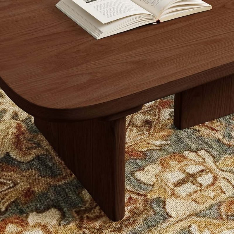 "Pine Wood Coffee Table Rectangle-shaped in Walnut with Abstract Base Japandi"