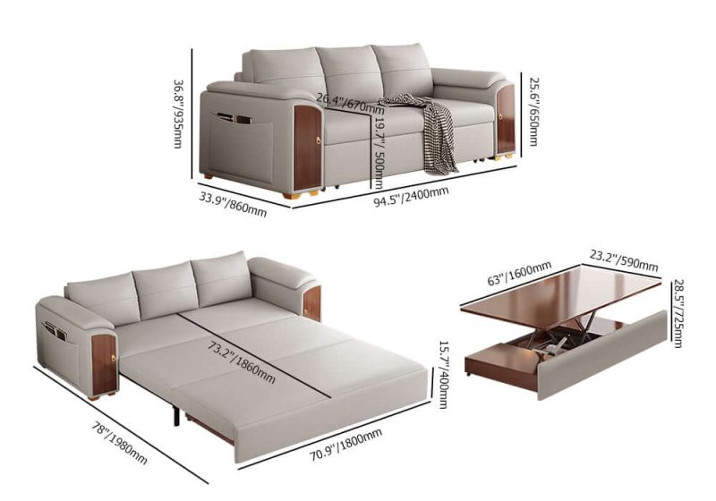 "Dimension of 94.5" Gray Pull Out Sofa Bed Convertible Leath-Aire Sleeper with Lift-top Coffee Table"
