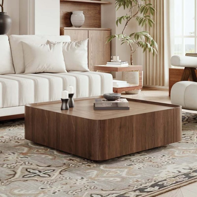 "35" Square Walnut Mid Century Coffee Table with Storage"