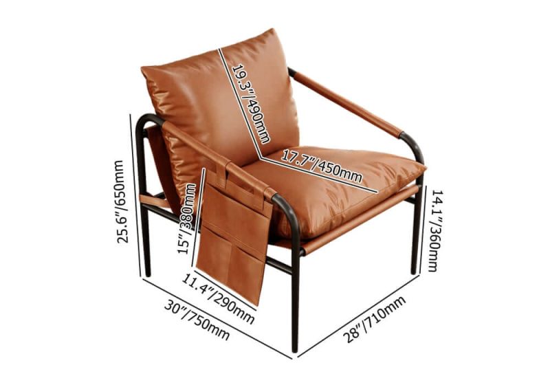 "Dimension of Brown Leather Accent Chair with Metal Frame"