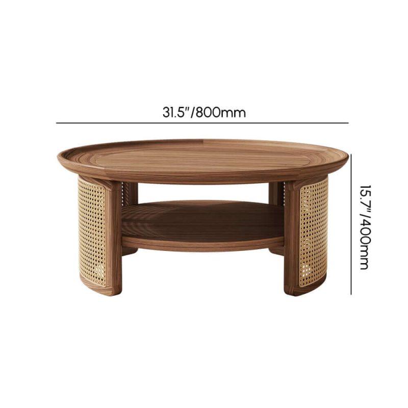 "Dimension of 2-Tiered Japandi Round  Walnut Wood Coffee Table with Storage Rattan Base"