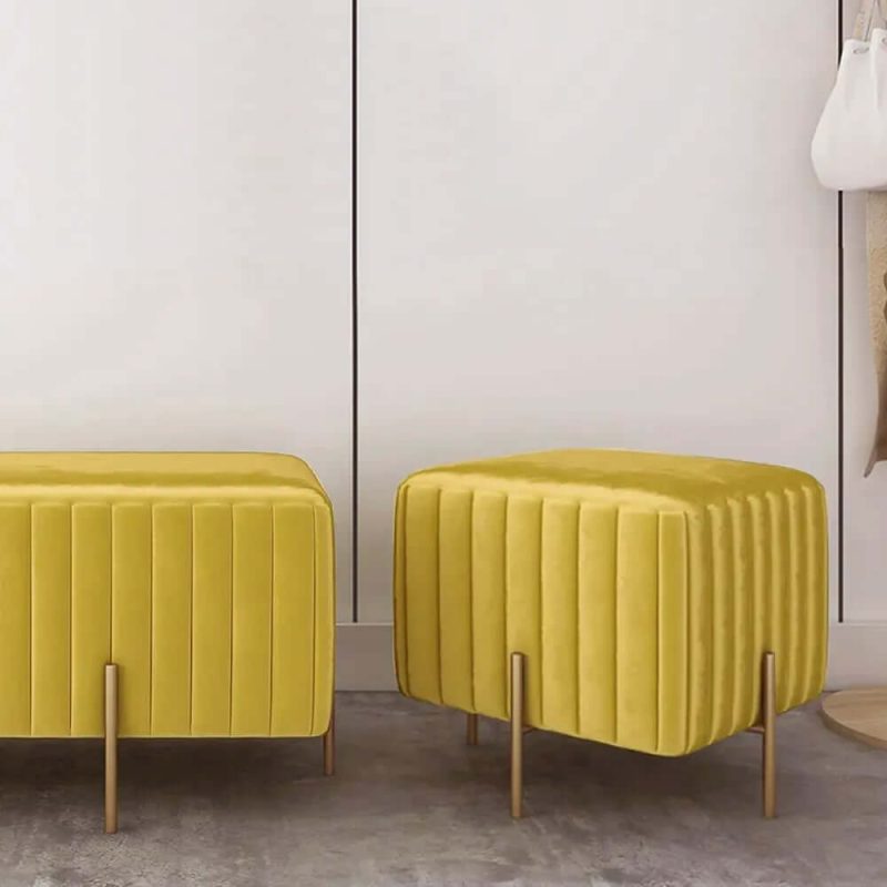 "Contemporary Square Pouf Ottoman Upholstered Velvet Ottoman Footrest in Yellow"