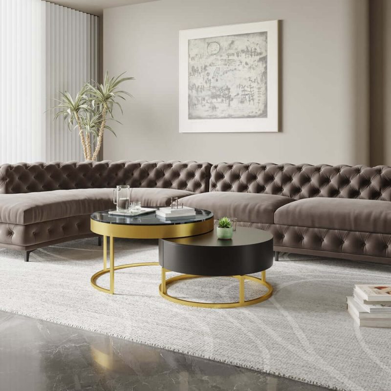 "Nesnesis Modern Black Round Marble Veneer Nesting Wood Coffee Table with Storage"