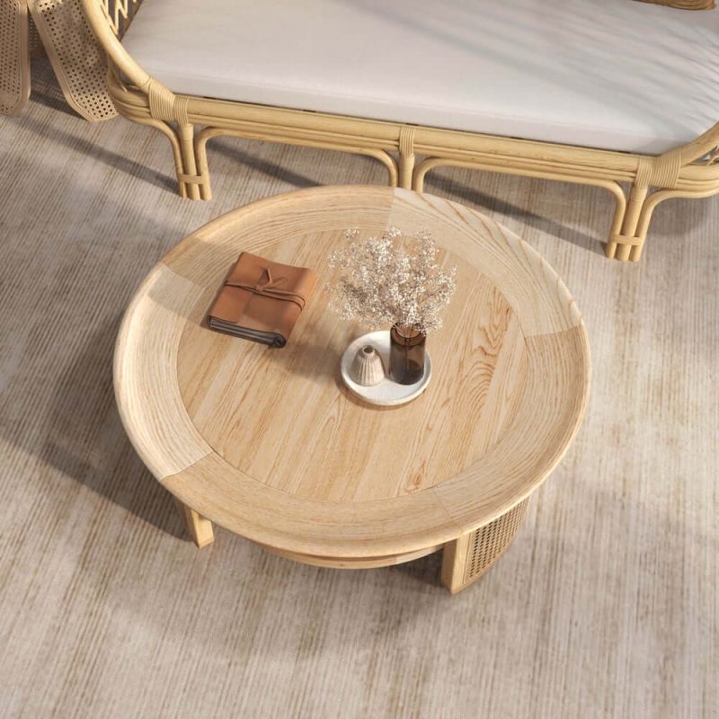 "2-Tiered Japandi Round Wood Coffee Table with Rattan Base"
