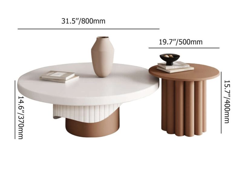 "Dimension of Yarnic 2-Piece Round Wood Coffee Table Set with Fluted Base in White & Walnut"
